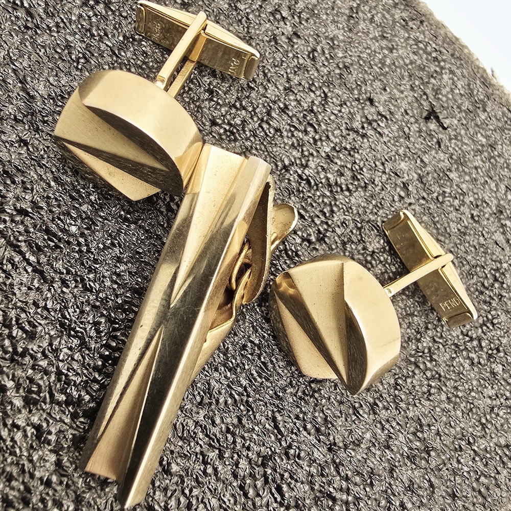 Gold Geometric Cufflinks and Tie Clip Set